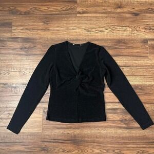 Black Shimmer Twist Front Long Sleeve Top Vneck Sparkly Shimmer Slim Fit Y2K